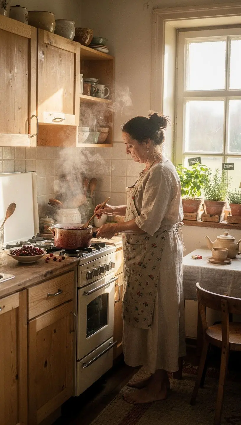 Arbatos puodelis su bruknių arbata, šalia šviežių vaisių, kurių skonis puikiai dera.