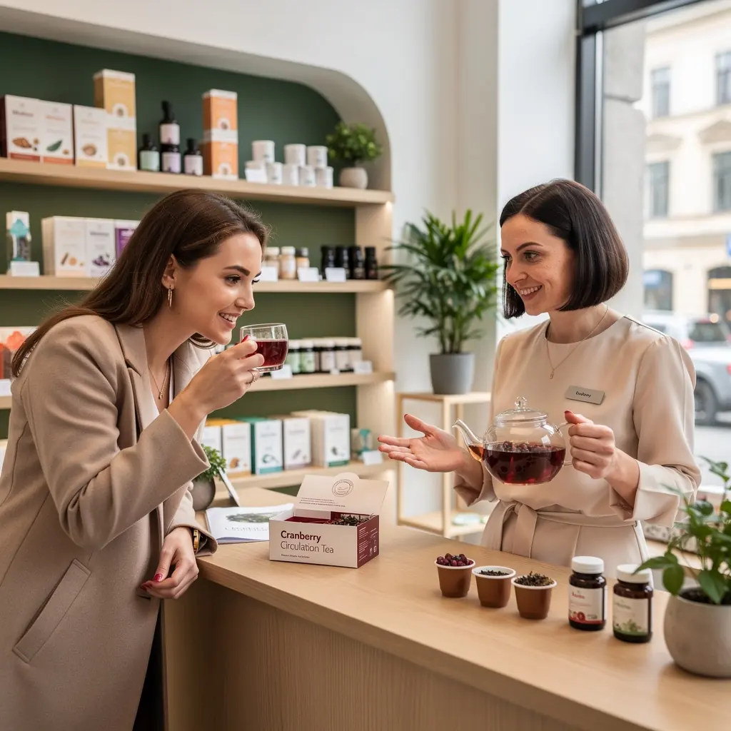 Branginių spanguolių arbata puodelyje ant medinio stalo.