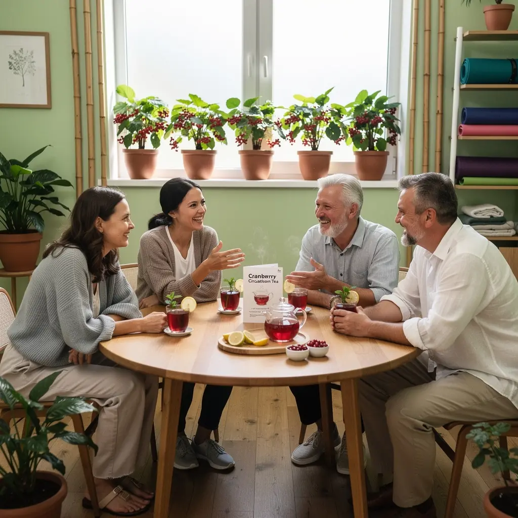 Puodelis garuojančios spanguolių arbatos ant stalo, aplinkui švieži uogos ir sveiki ingredientai.