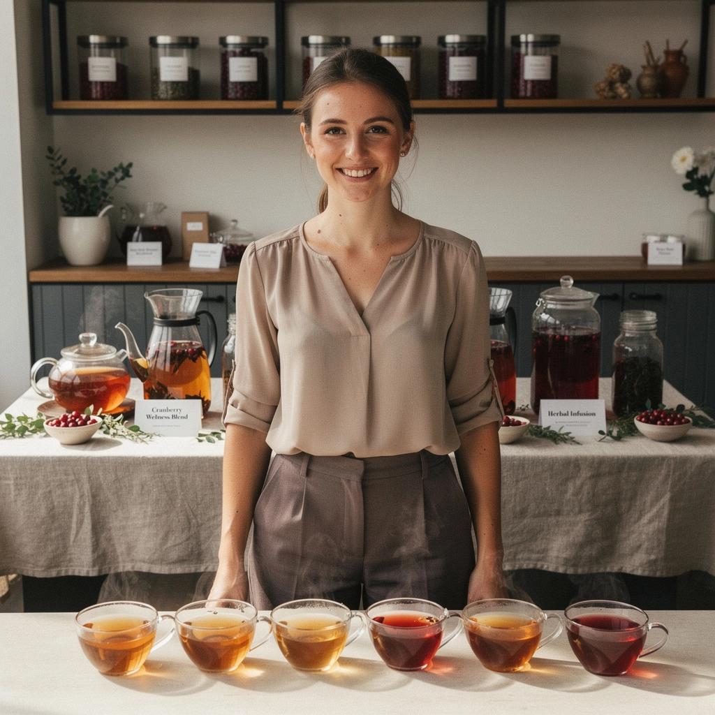 Arbatos ceremonija, kurioje naudojamos spanguolės ir kiti natūralūs priedai.